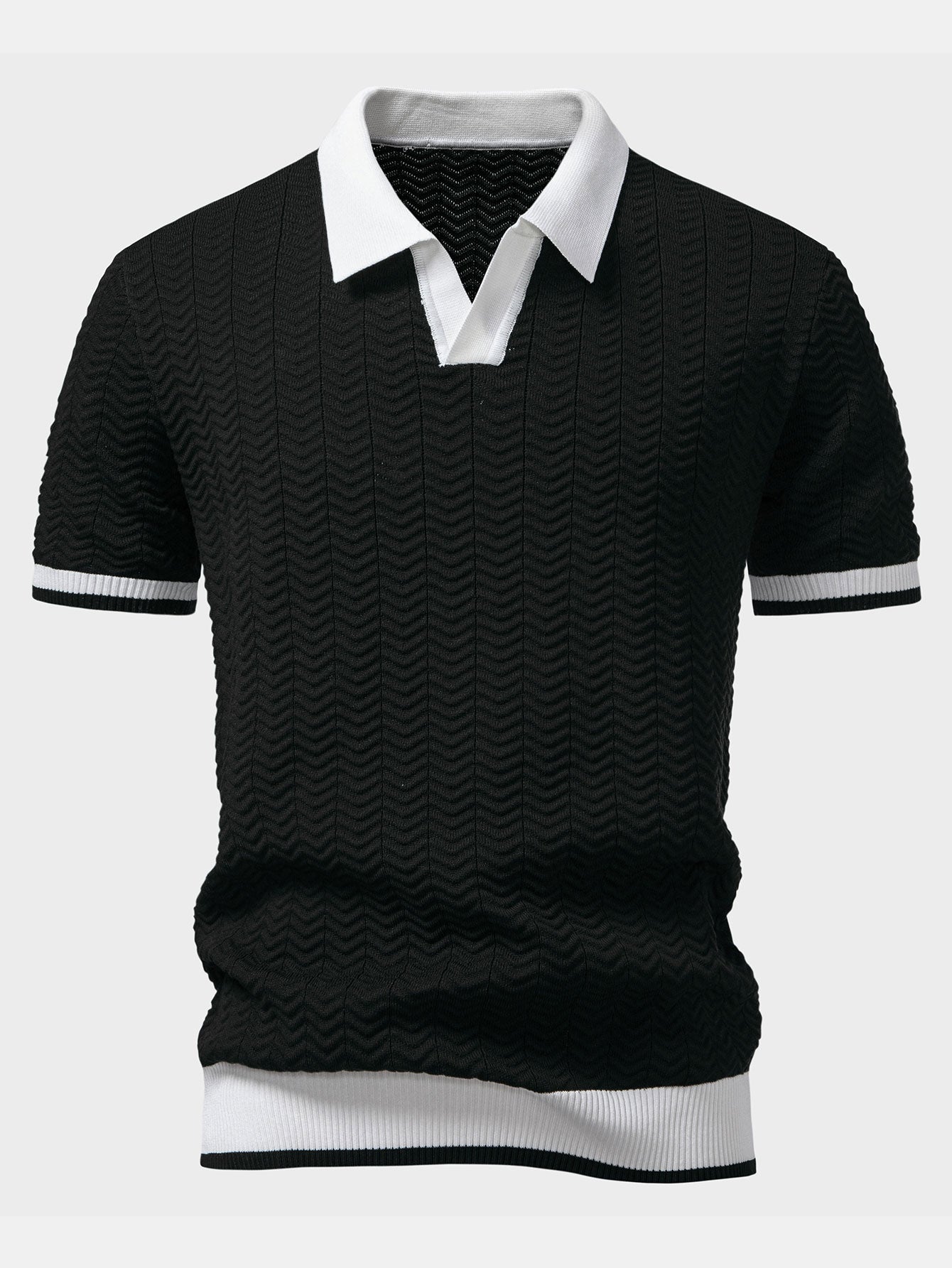 Textured contrast knit polo shirt with V-neck and slim fit trousers
