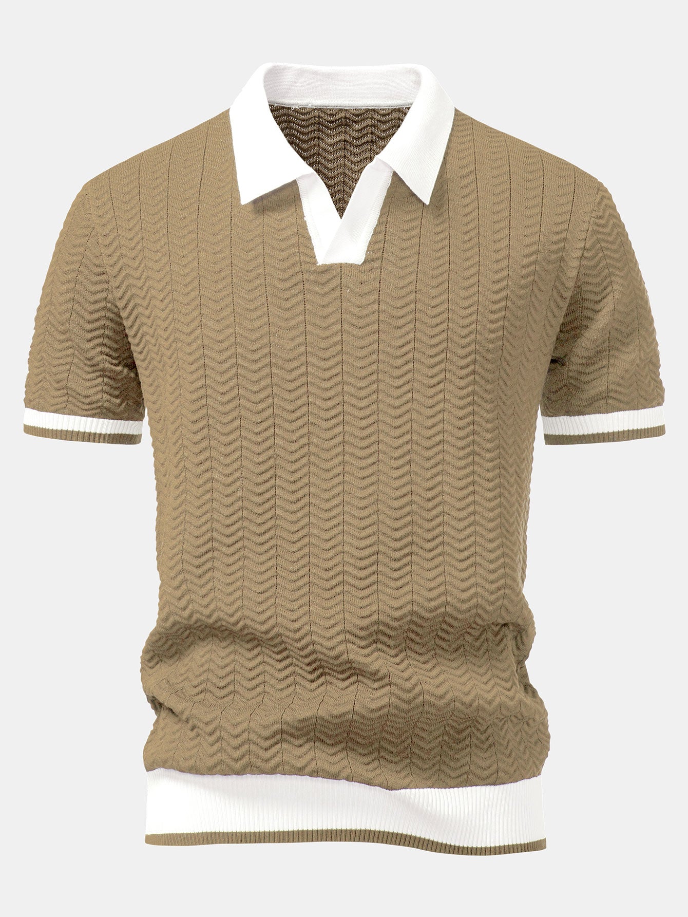 Textured contrast knit polo shirt with V-neck and slim fit trousers