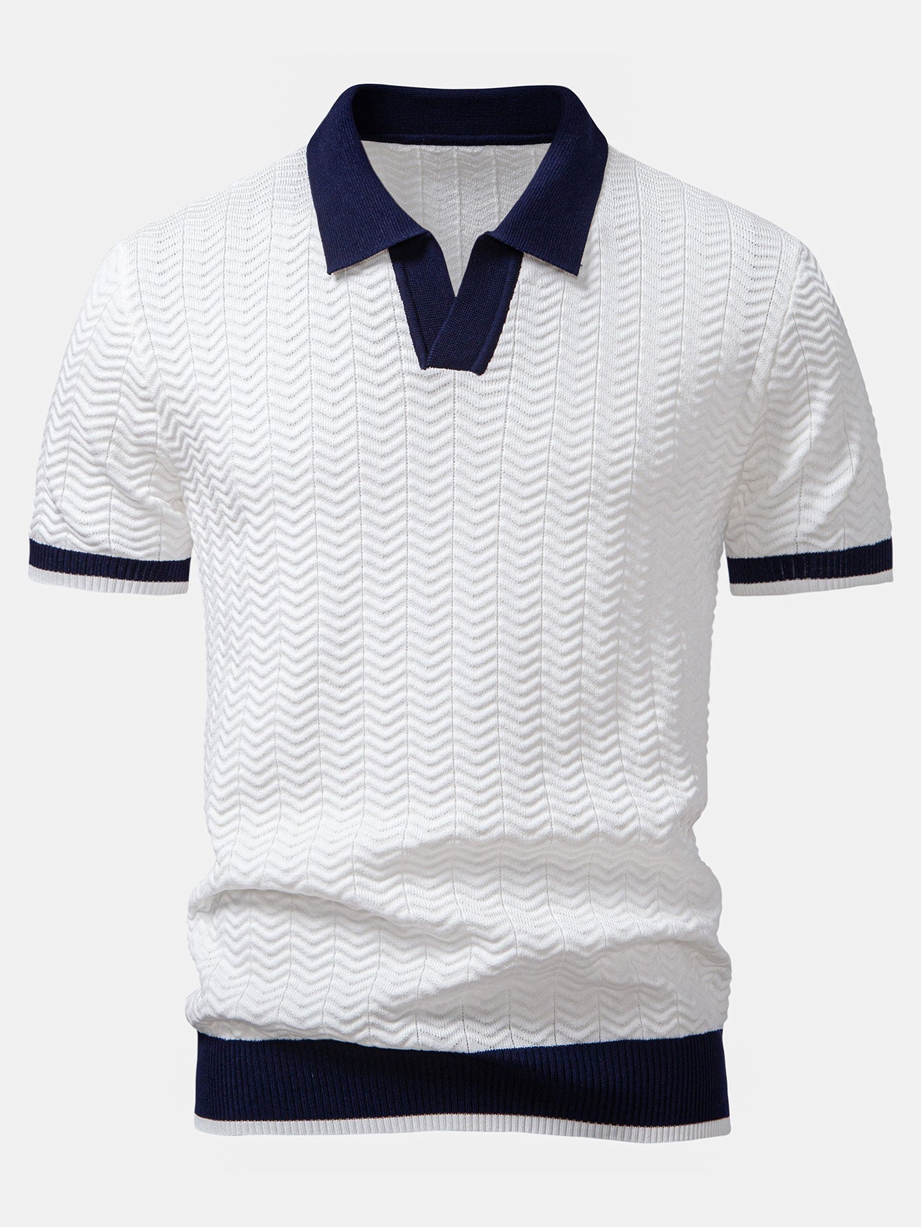 Textured contrast knit polo shirt with V-neck and slim fit trousers