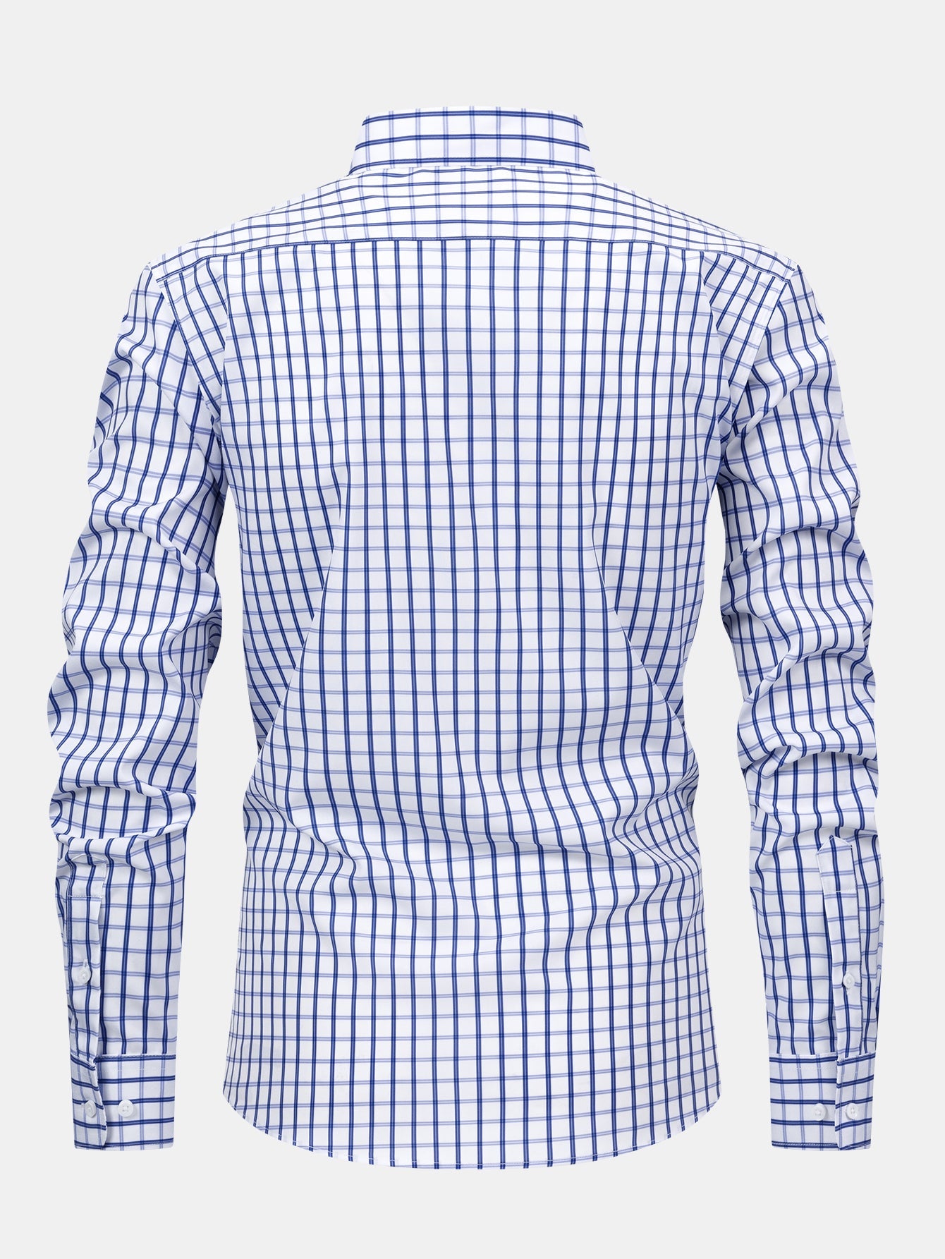 Long-sleeved button-down plaid shirt