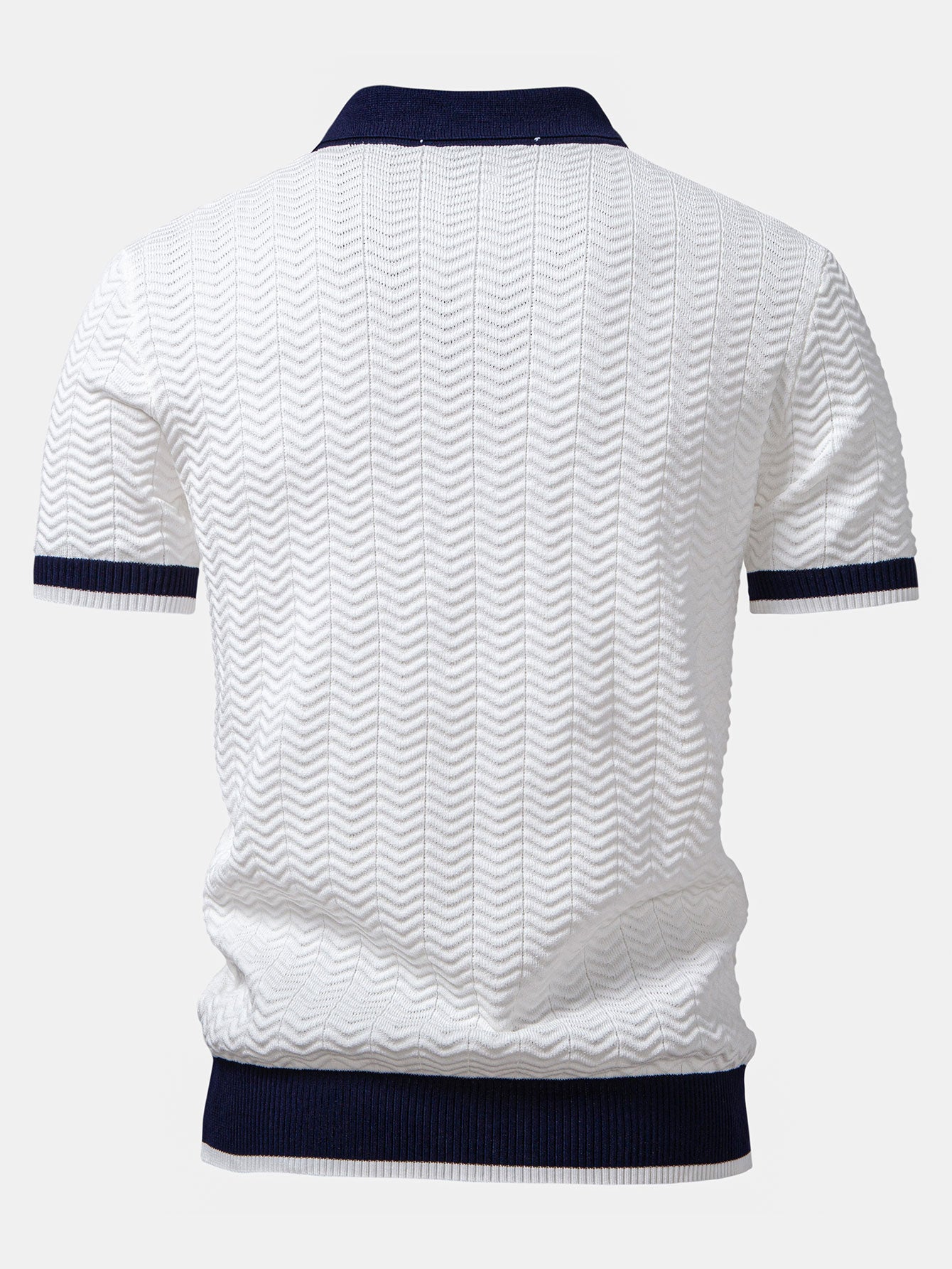 Textured contrast knit polo shirt with V-neck and slim fit trousers