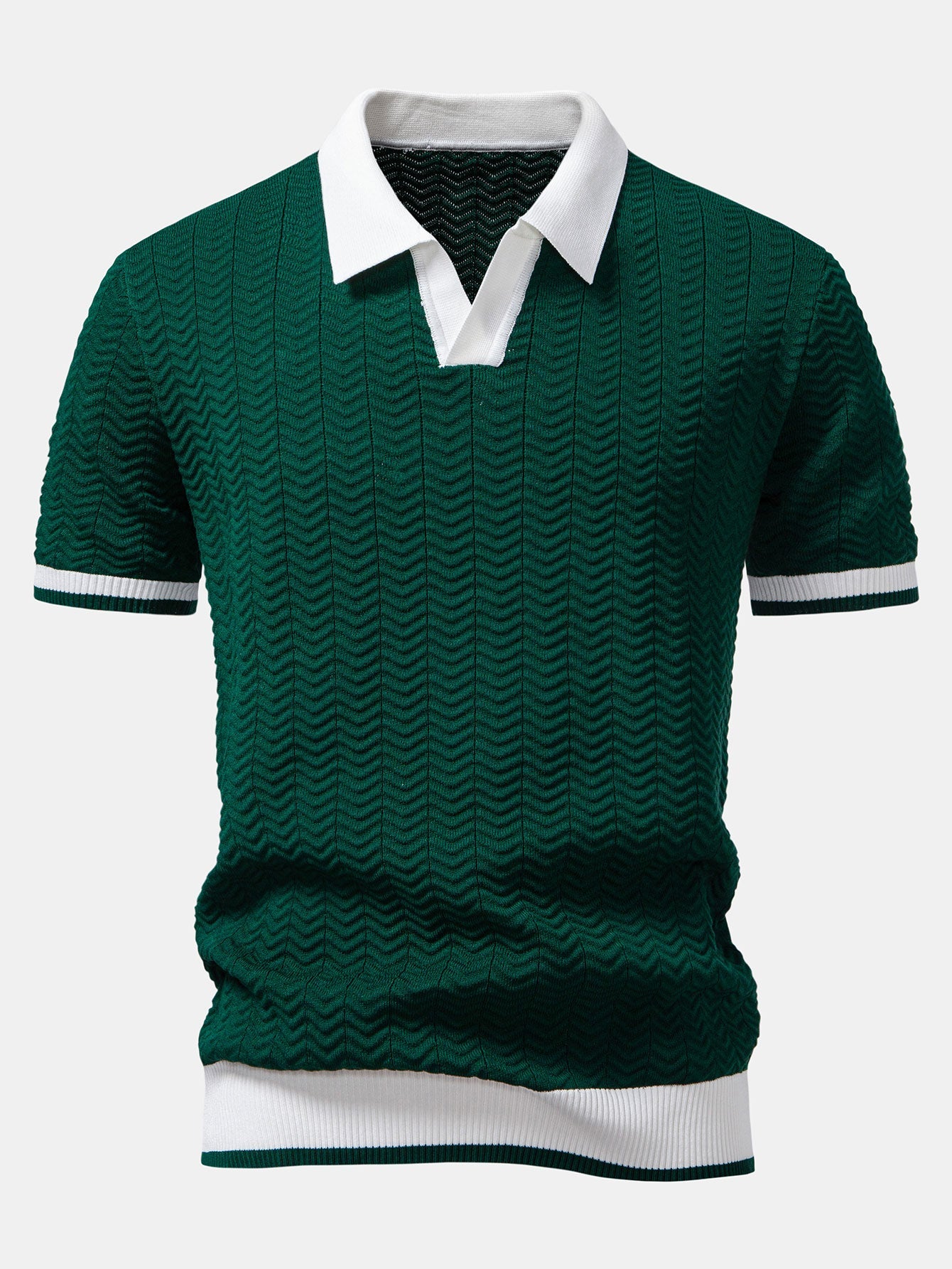 Textured contrast knit polo shirt with V-neck and slim fit trousers