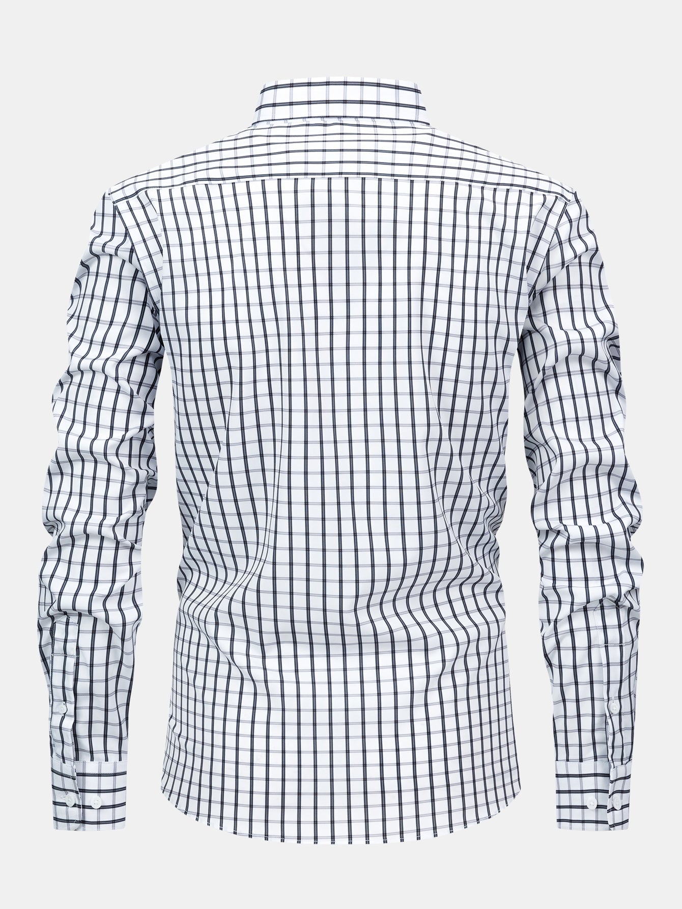 Long-sleeved button-down plaid shirt