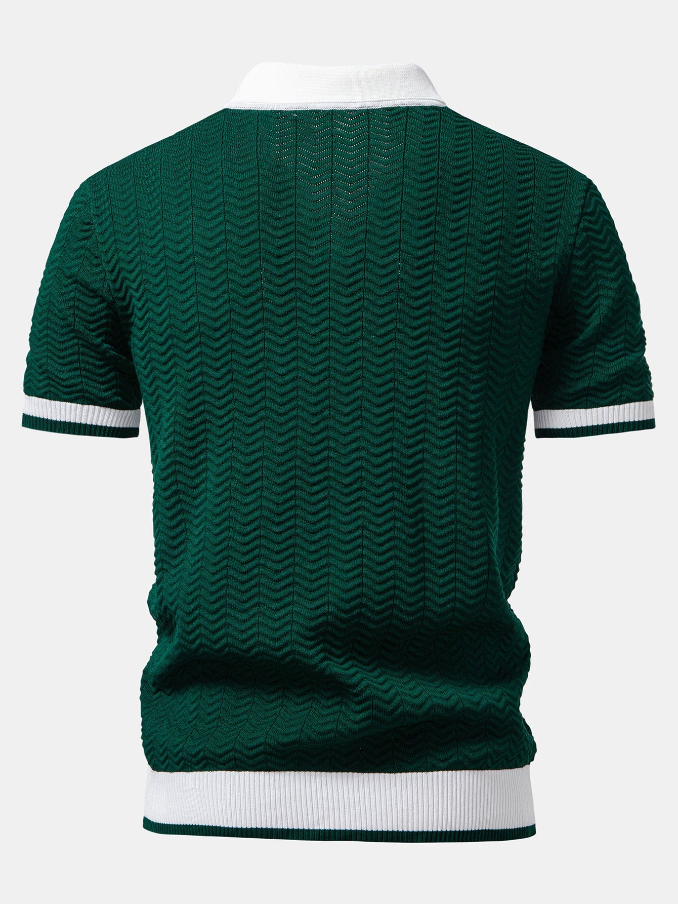 Textured contrast knit polo shirt with V-neck and slim fit trousers