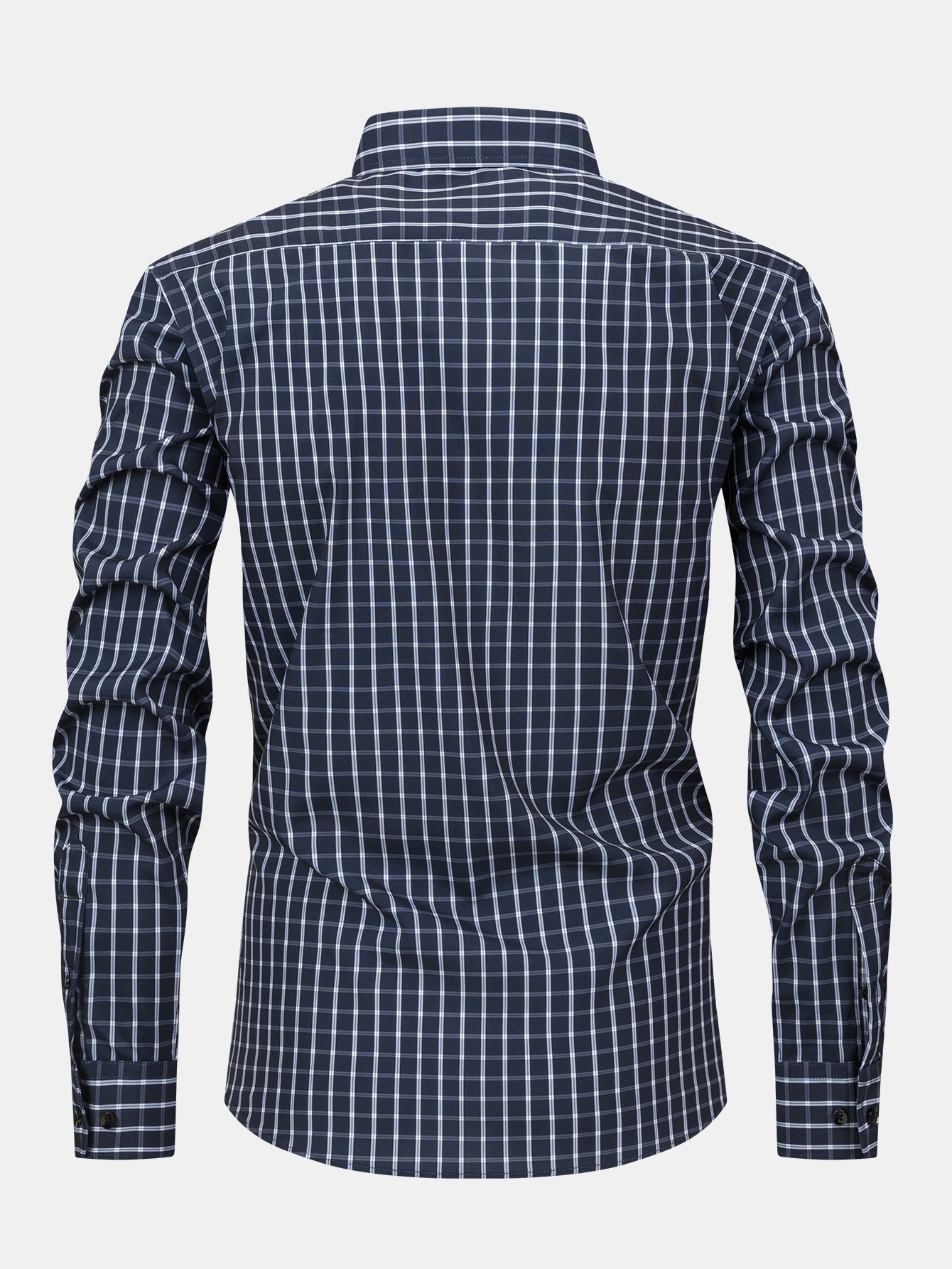 Long-sleeved button-down plaid shirt