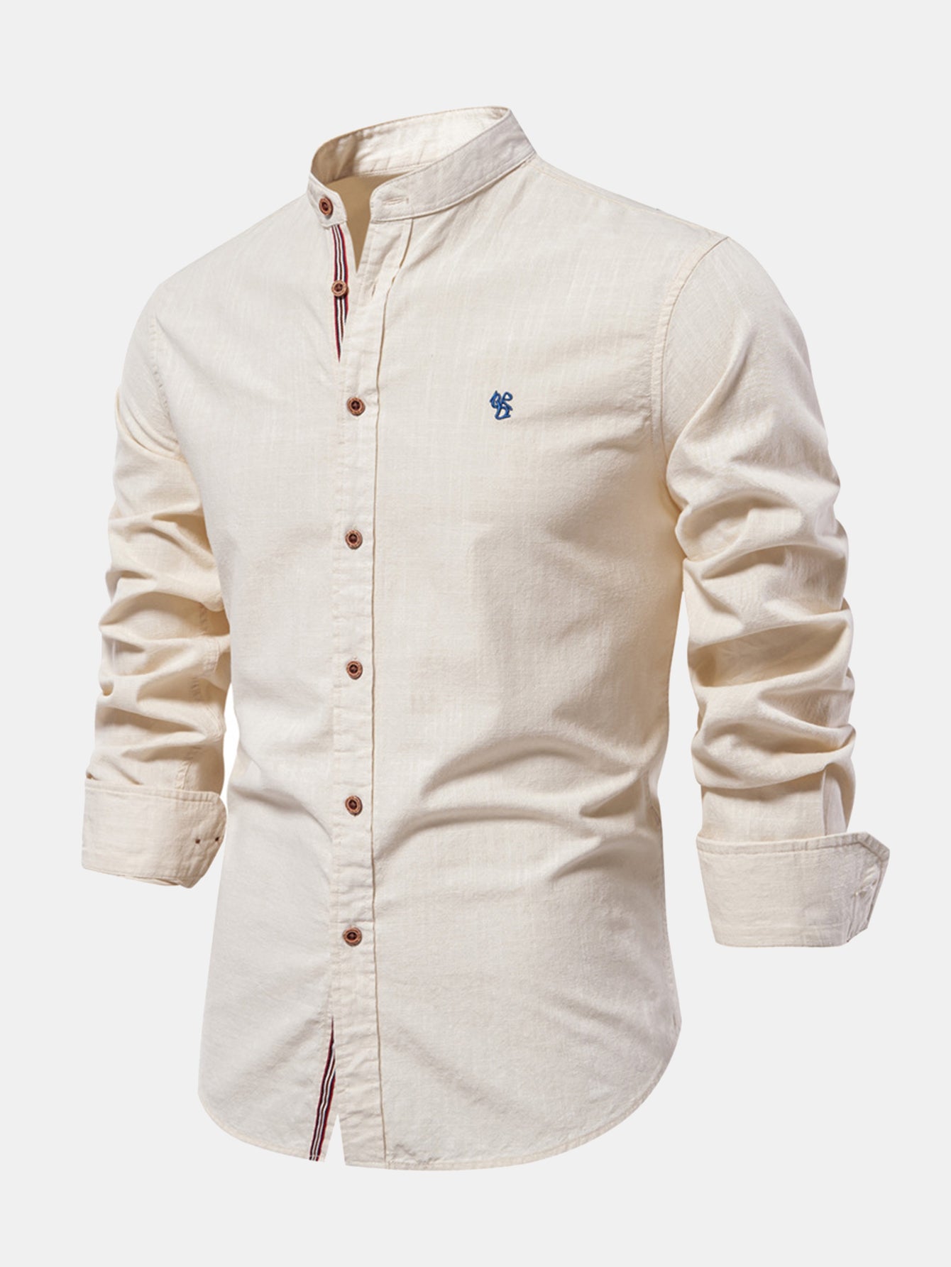 Long-sleeved linen stand-up collar shirt.