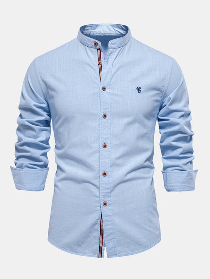 Long-sleeved linen stand-up collar shirt.