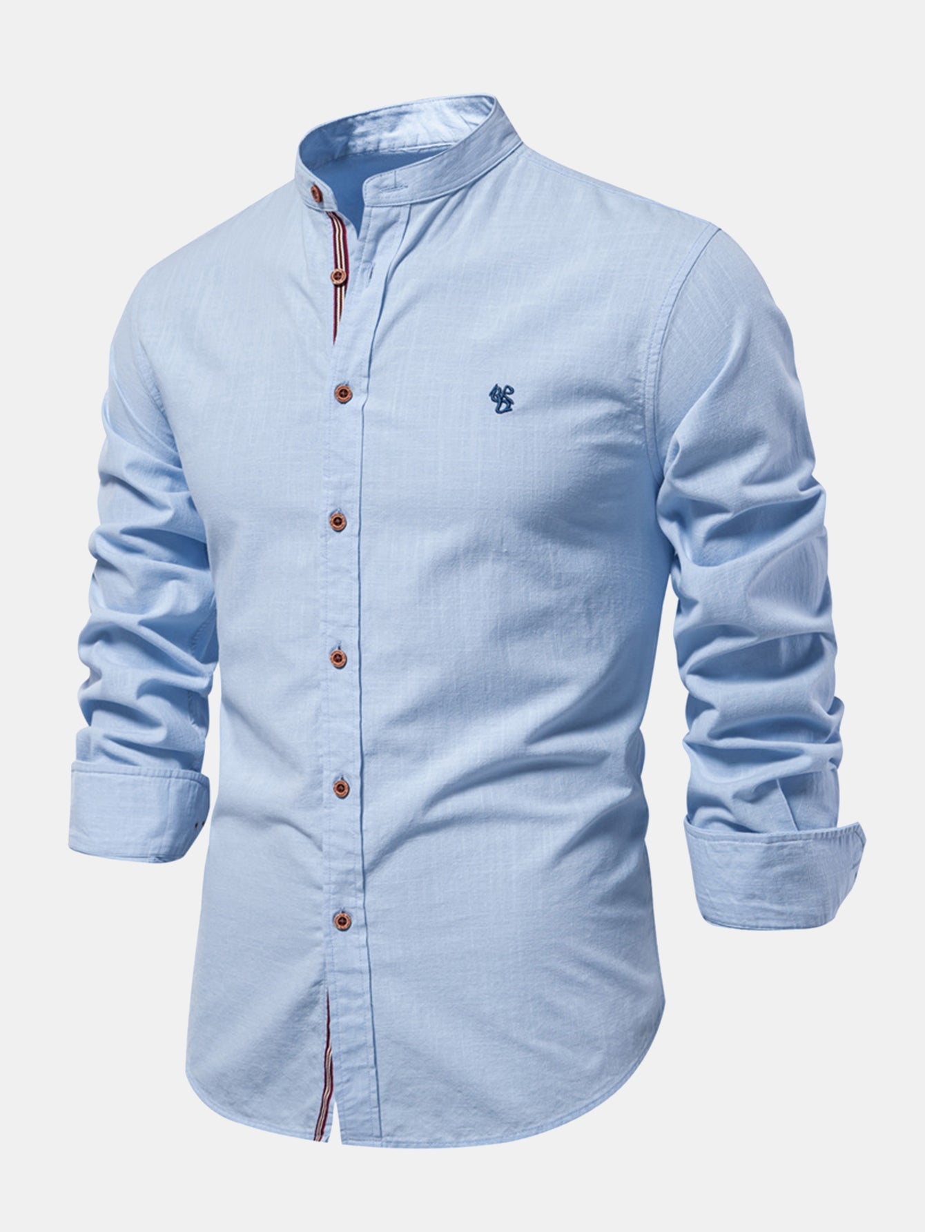 Long-sleeved linen stand-up collar shirt.