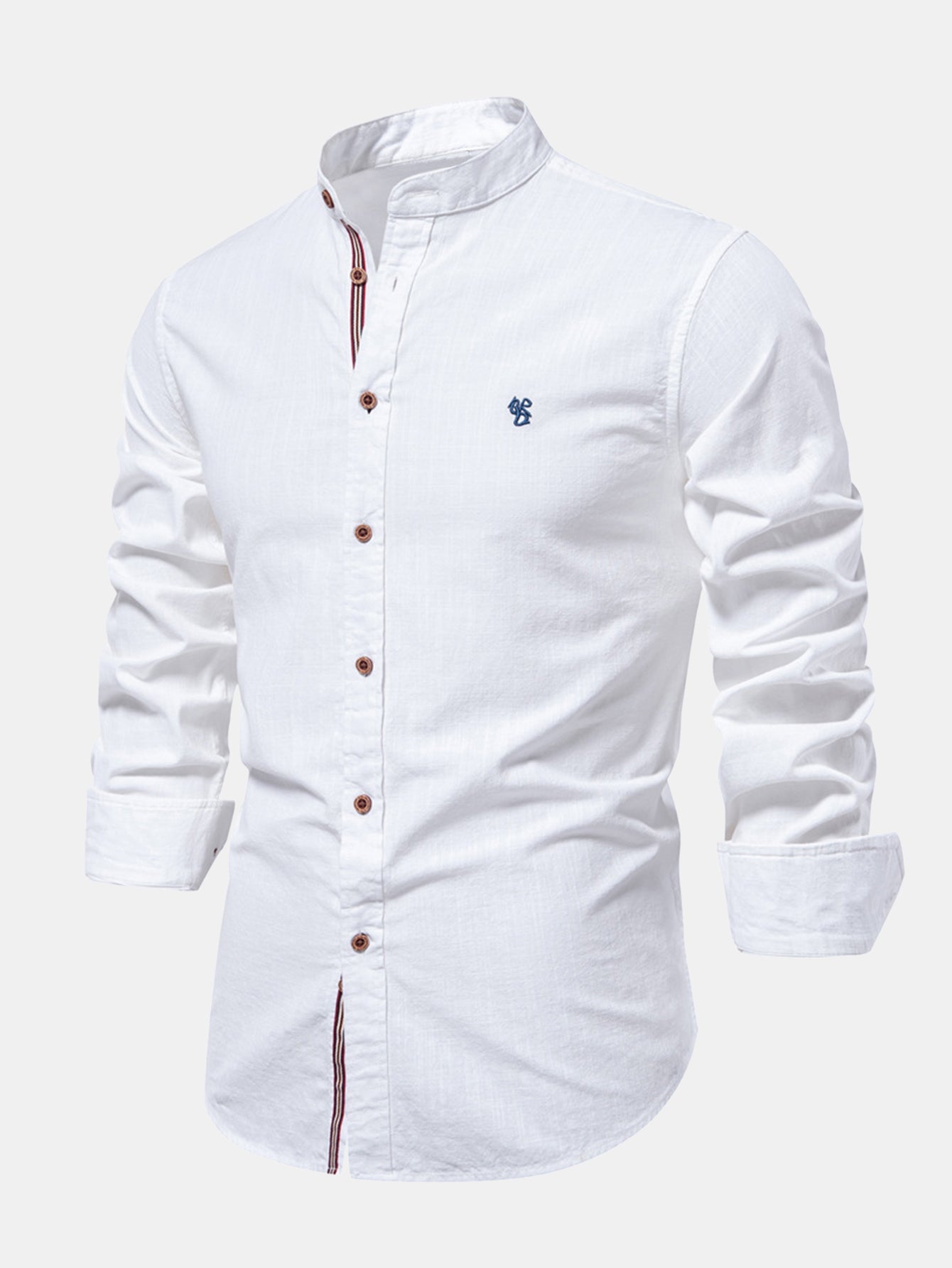 Long-sleeved linen stand-up collar shirt.