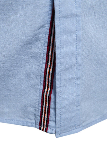 Long-sleeved linen stand-up collar shirt.