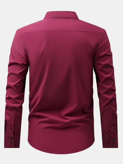 Dress shirt with stand-up collar and hidden anti-wrinkle placket