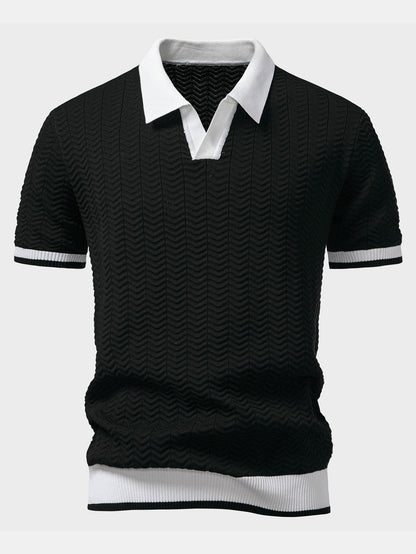 Textured contrast knit polo shirt with V-neck and slim fit trousers