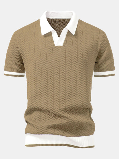 Textured contrast knit polo shirt with V-neck and slim fit trousers