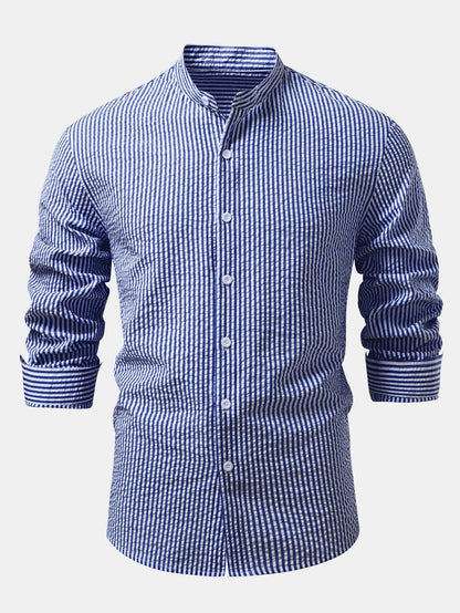 Seersucker Striped Stand Collar Shirt &amp; Straight Leg Linen Pants