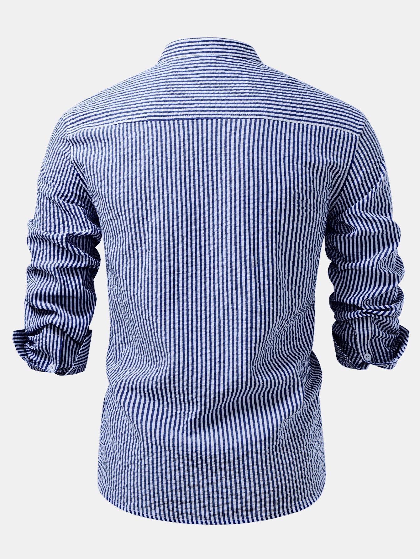 Seersucker Striped Stand Collar Shirt &amp; Straight Leg Linen Pants