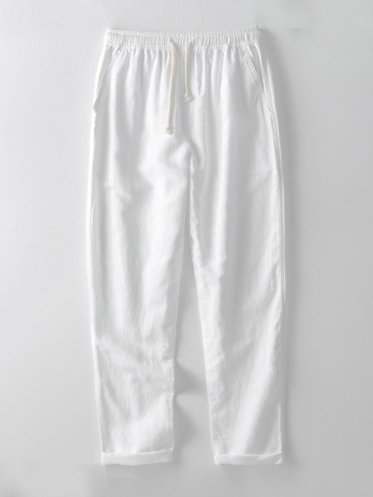 Striped V-neck knit polo shirt &amp; linen pants