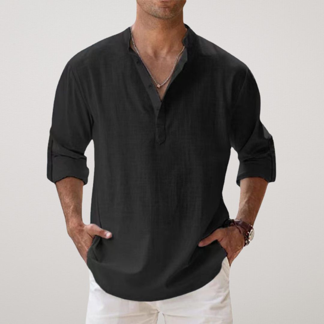 Linen-effect cotton Henley shirt