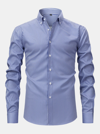 Long-sleeved striped button-down shirt &amp; elastic waist pants