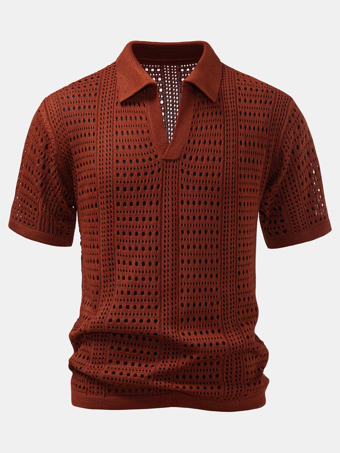 Crochet V-neck polo shirt &amp; straight-leg linen pants