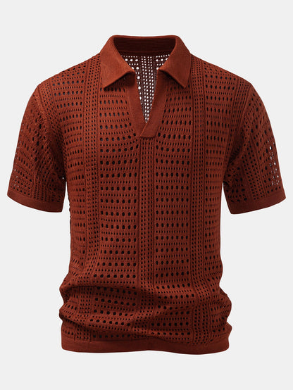 Crochet V-neck polo shirt &amp; straight-leg linen pants