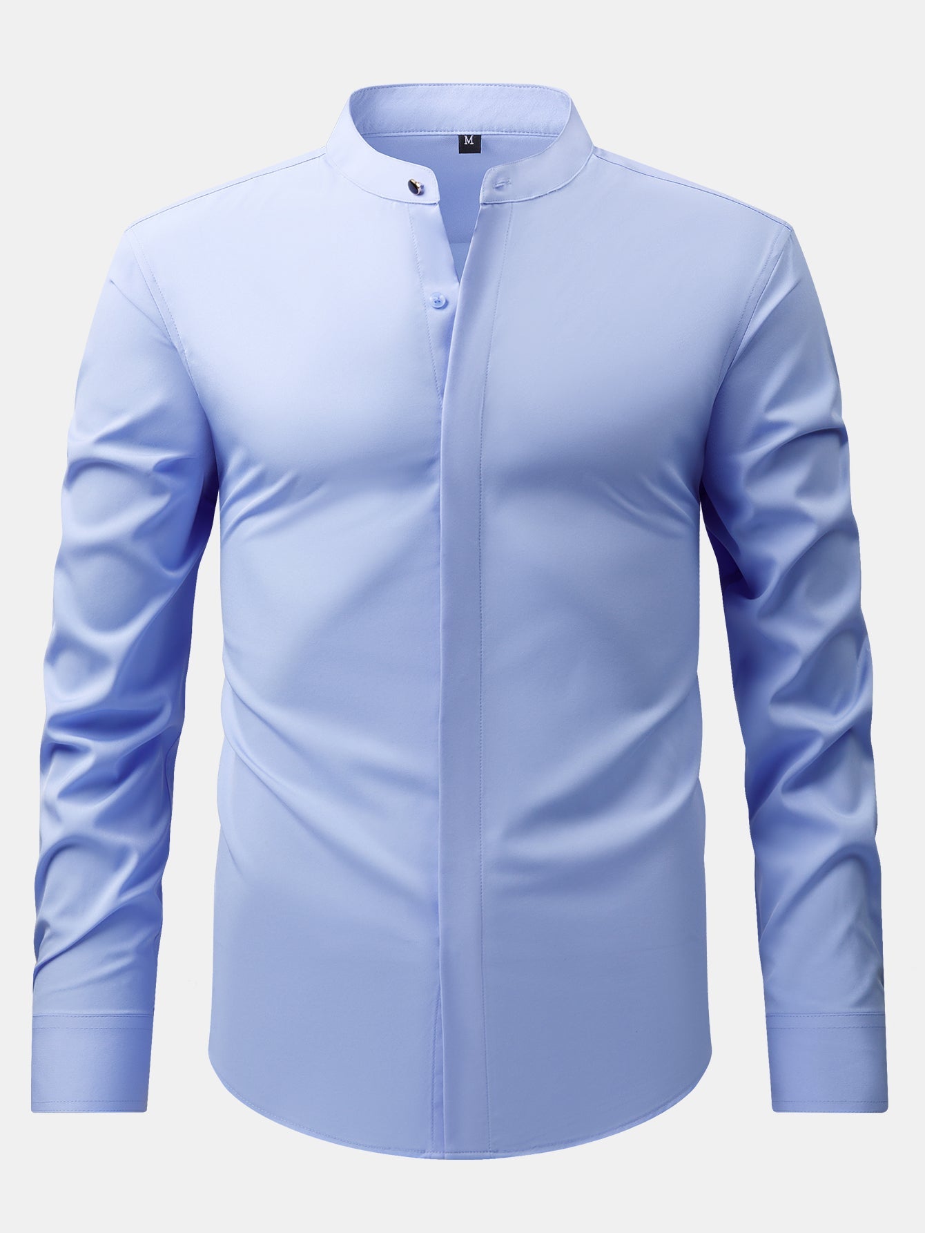 Dress shirt with stand-up collar and hidden anti-wrinkle placket