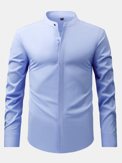 Dress shirt with stand-up collar and hidden anti-wrinkle placket