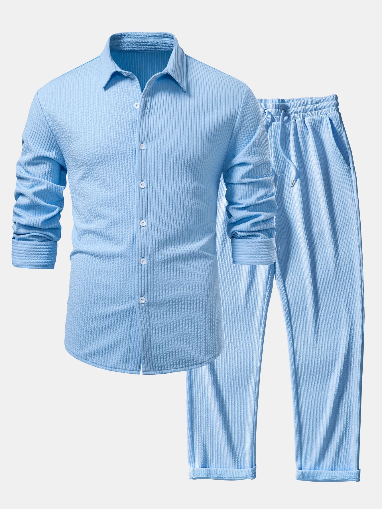 Ribbed muscle fit long sleeve shirt with buttons &amp; ribbed pants