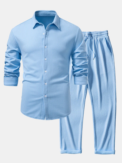 Ribbed muscle fit long sleeve shirt with buttons &amp; ribbed pants