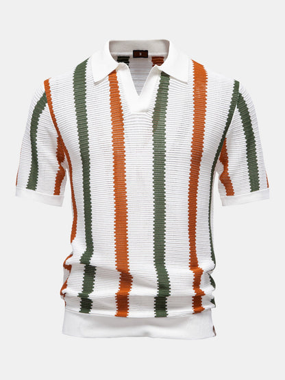 Striped V-neck knit polo shirt &amp; linen pants