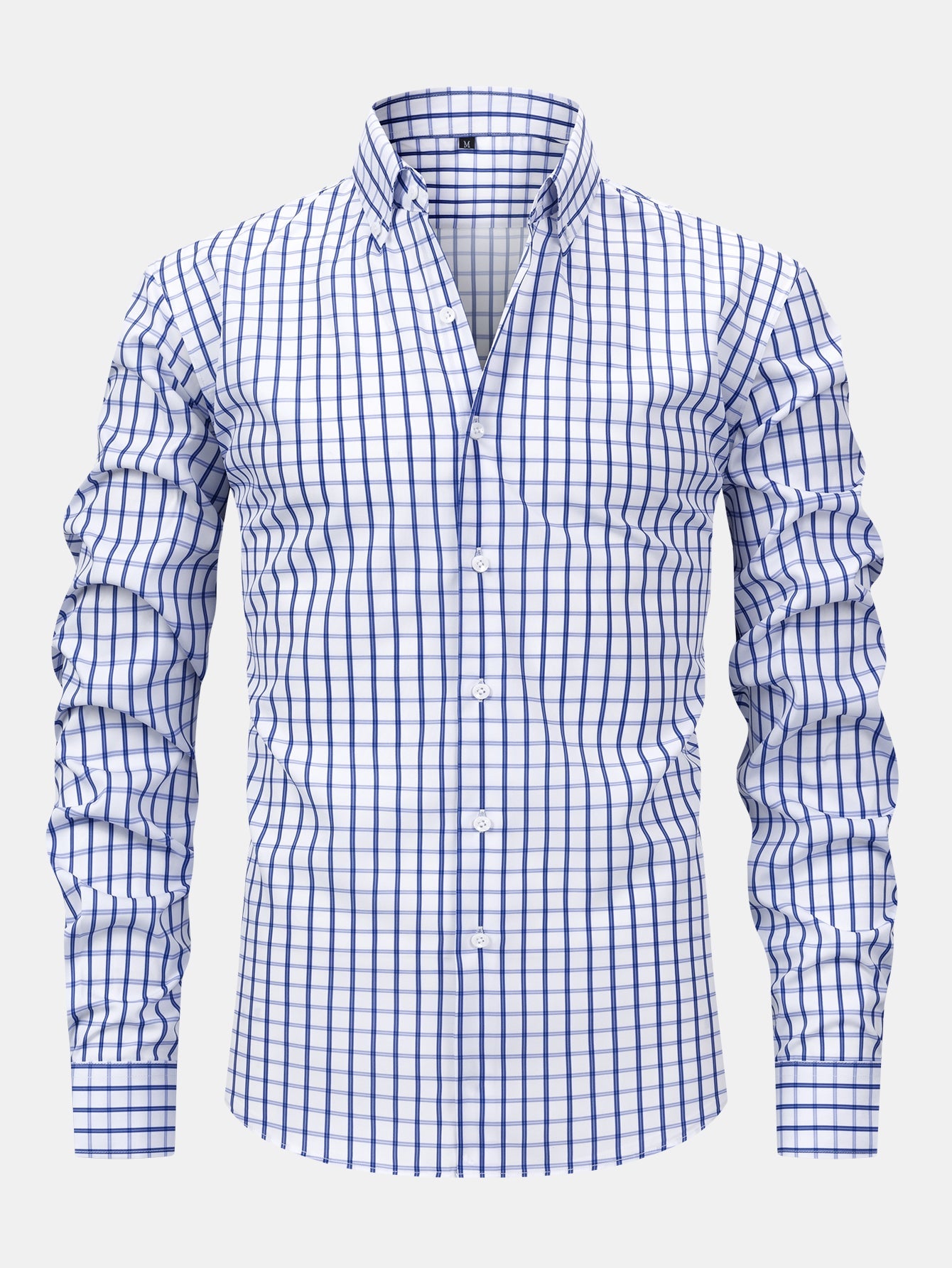 Long-sleeved button-down plaid shirt
