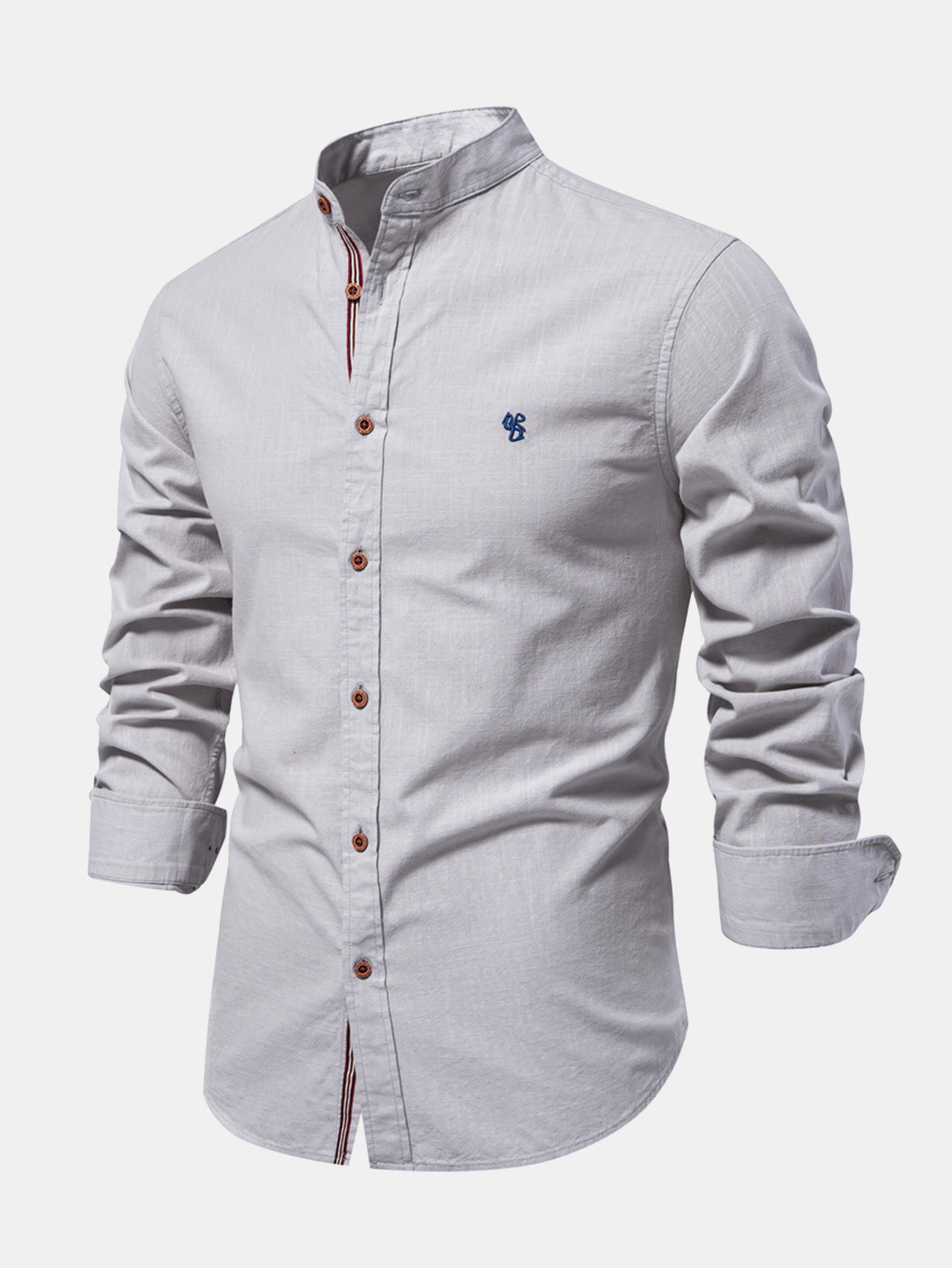 Long-sleeved linen stand-up collar shirt.