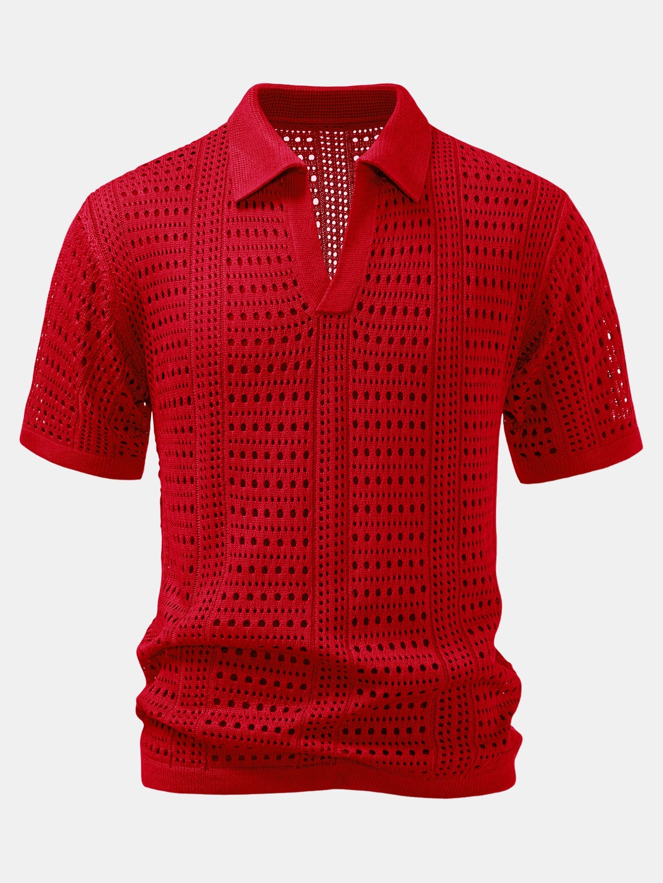 Crochet V-neck polo shirt &amp; straight-leg linen pants