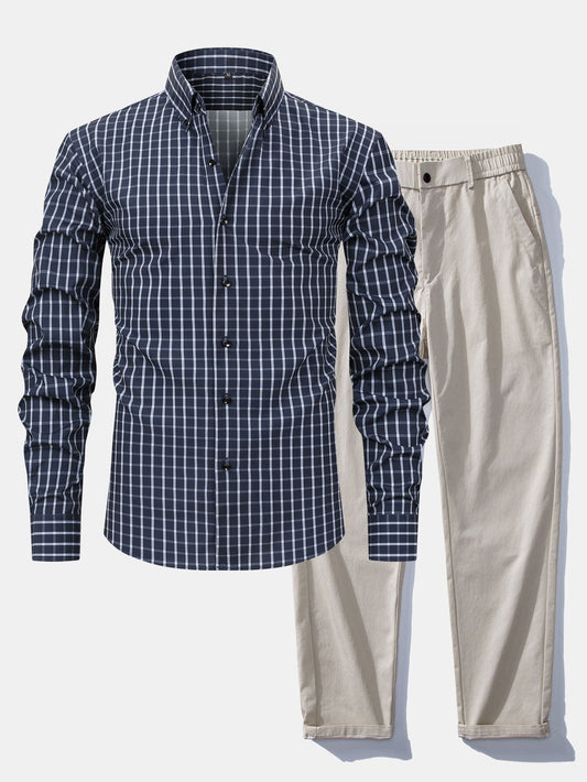 Long sleeve button-down plaid shirt &amp; pants