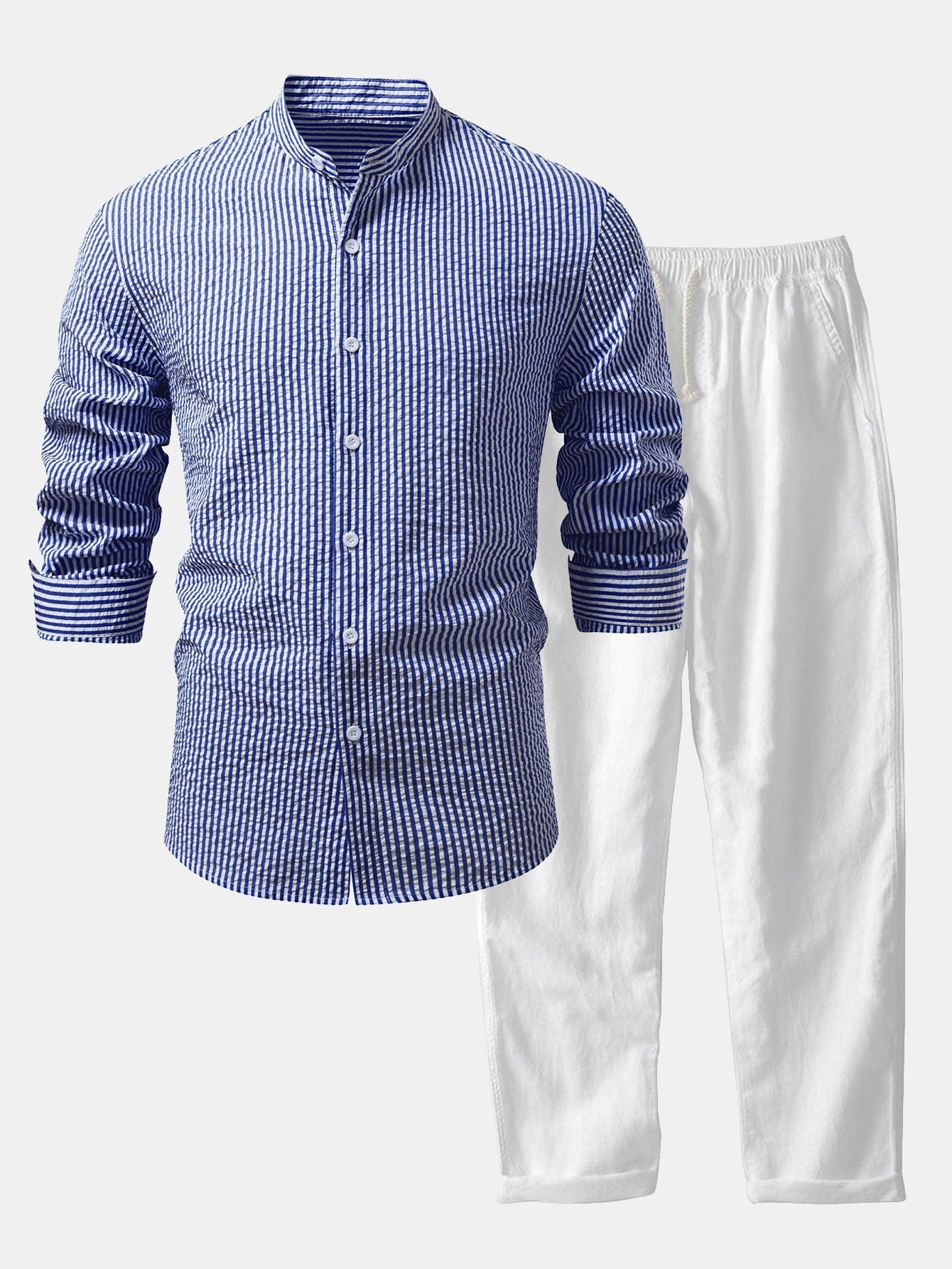 Seersucker Striped Stand Collar Shirt &amp; Straight Leg Linen Pants