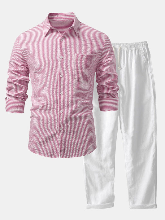 Seersucker Striped Button Up Shirt &amp; Straight Leg Linen Pants