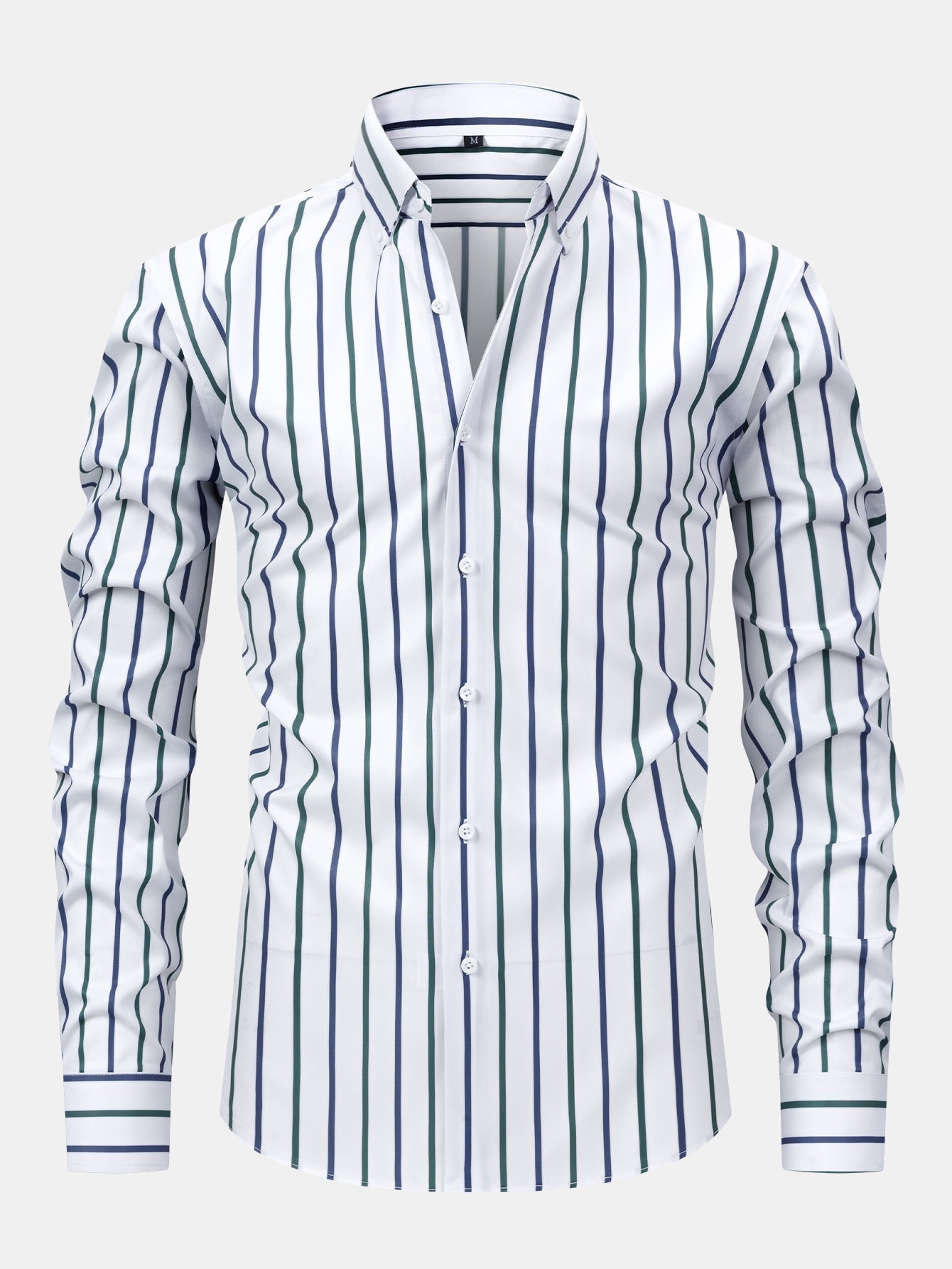Striped long-sleeved button-down shirt with slim-fit tapered pants