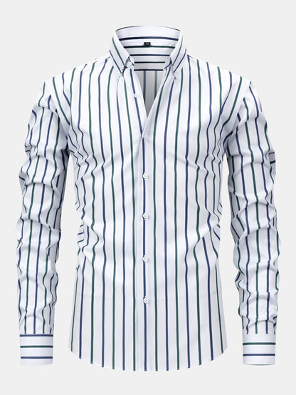 Striped long-sleeved button-down shirt with slim-fit tapered pants