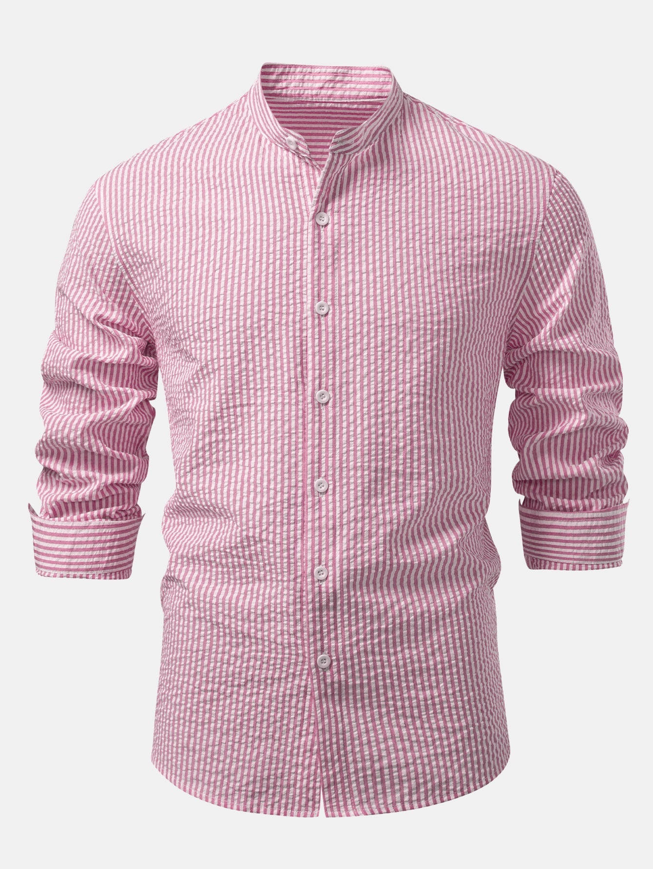 Seersucker Striped Stand Collar Shirt &amp; Straight Leg Linen Pants