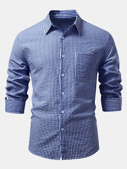 Seersucker Striped Button Up Shirt &amp; Straight Leg Linen Pants
