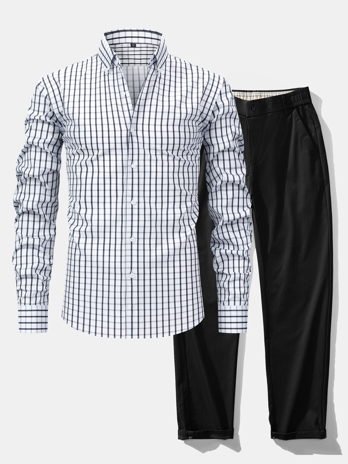 Long sleeve button-down plaid shirt &amp; pants