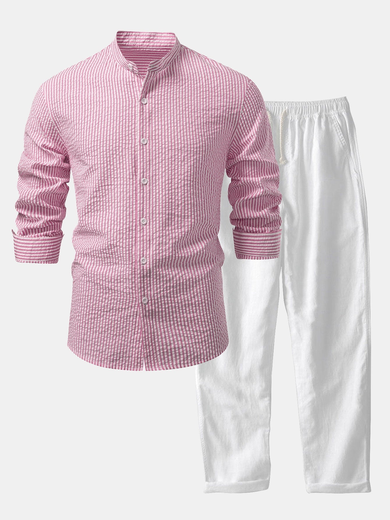 Seersucker Striped Stand Collar Shirt &amp; Straight Leg Linen Pants