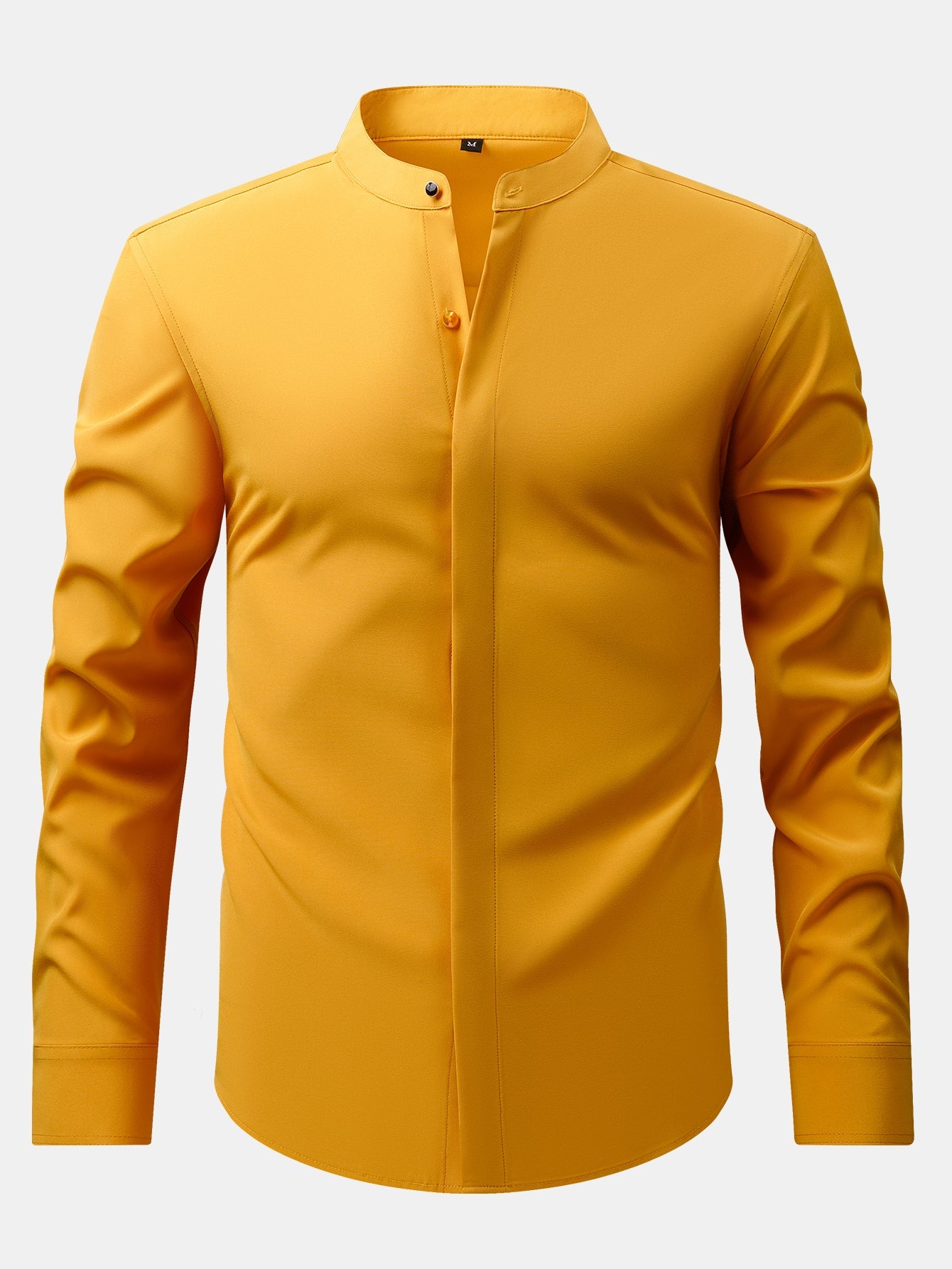 Dress shirt with stand-up collar and hidden anti-wrinkle placket