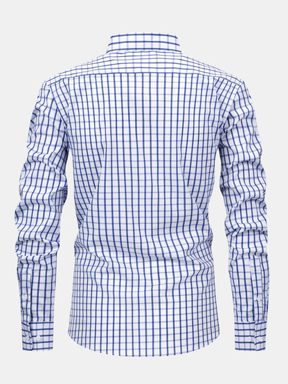 Long-sleeved button-down plaid shirt