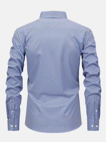 Long-sleeved striped button-down shirt &amp; elastic waist pants