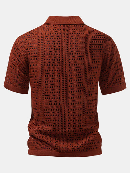 Crochet V-neck polo shirt &amp; straight-leg linen pants