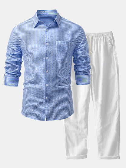 Seersucker Striped Button Up Shirt &amp; Straight Leg Linen Pants