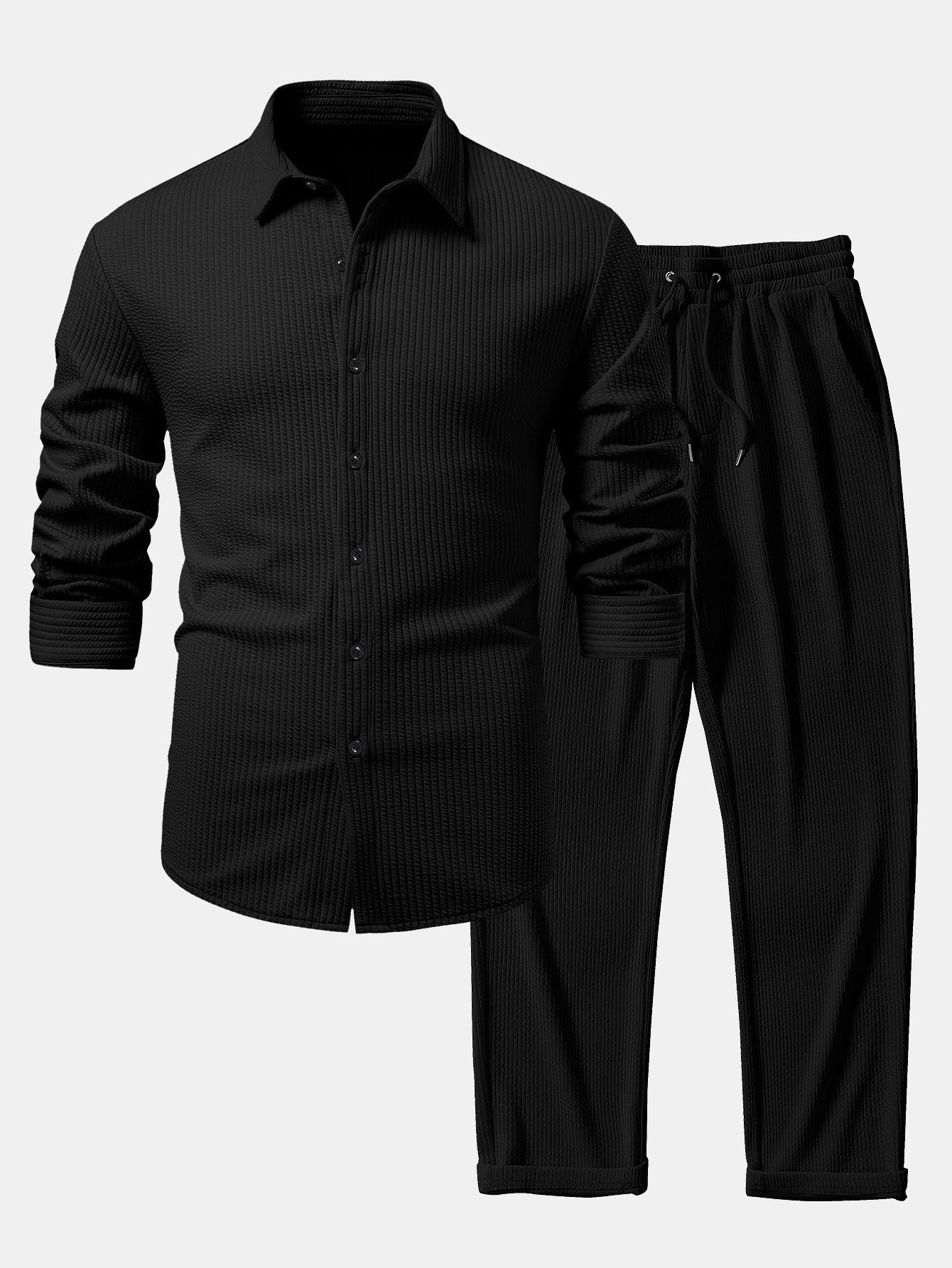 Ribbed muscle fit long sleeve shirt with buttons &amp; ribbed pants