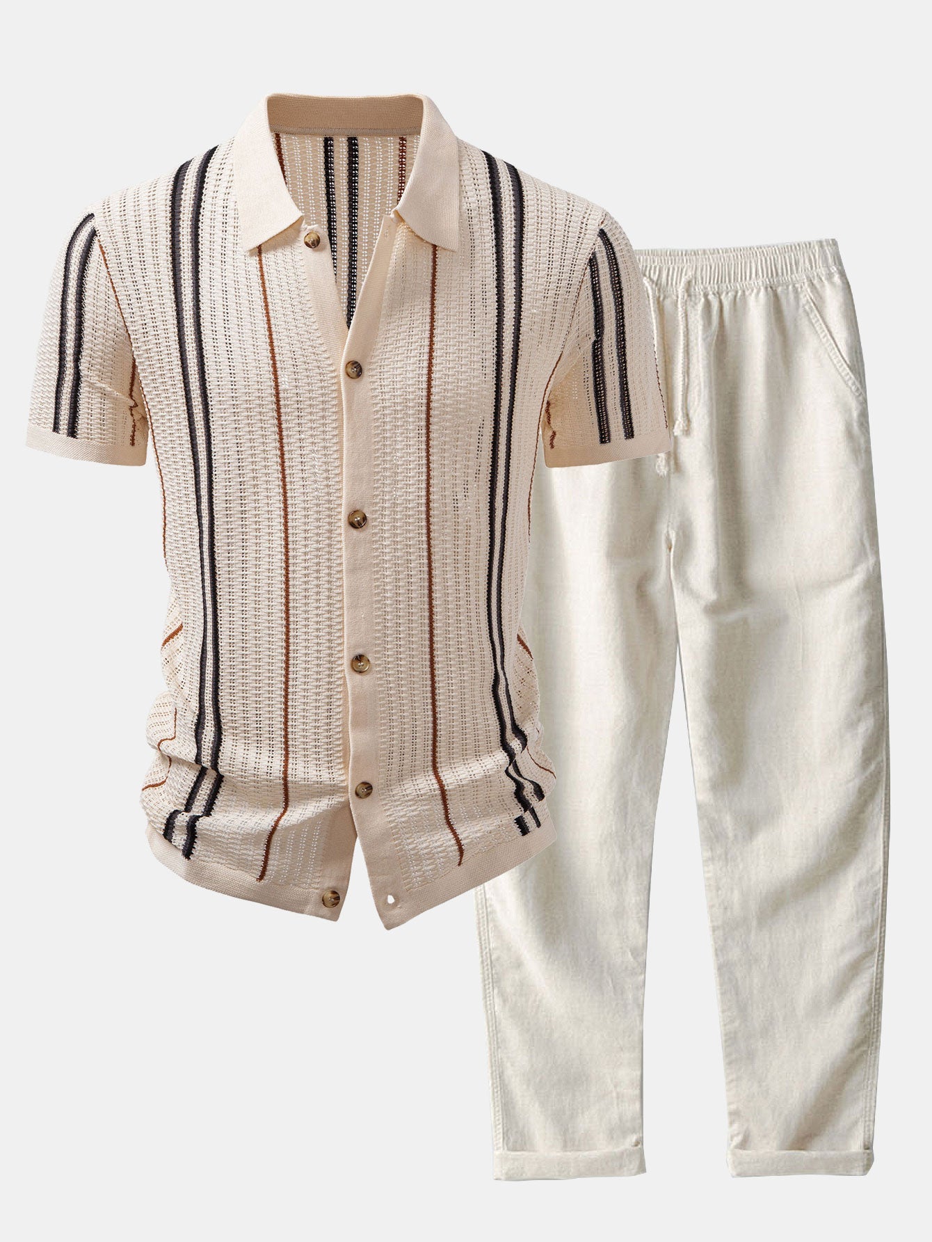 Striped button-up crochet shirt &amp; linen pants