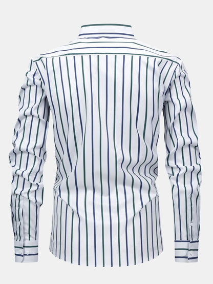 Striped long-sleeved button-down shirt with slim-fit tapered pants