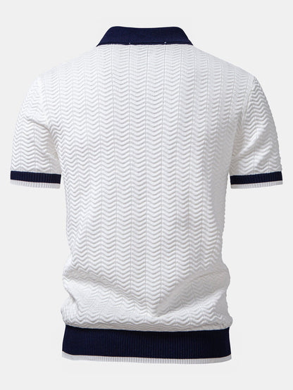 Textured contrast knit polo shirt with V-neck and slim fit trousers